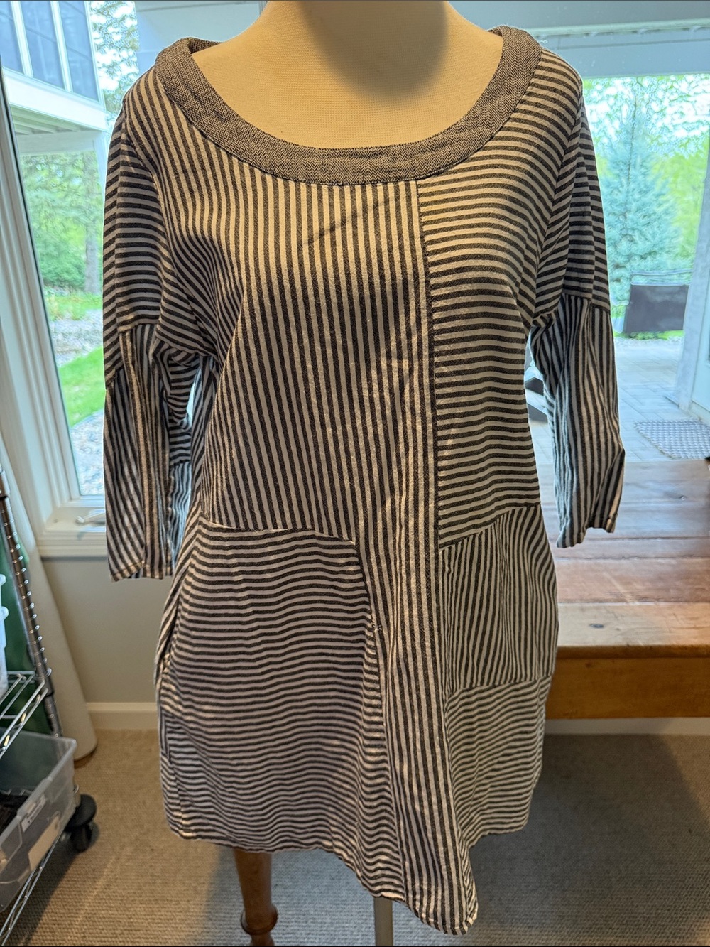 Black and White Striped Cotton Tunic with Patch Pockets
